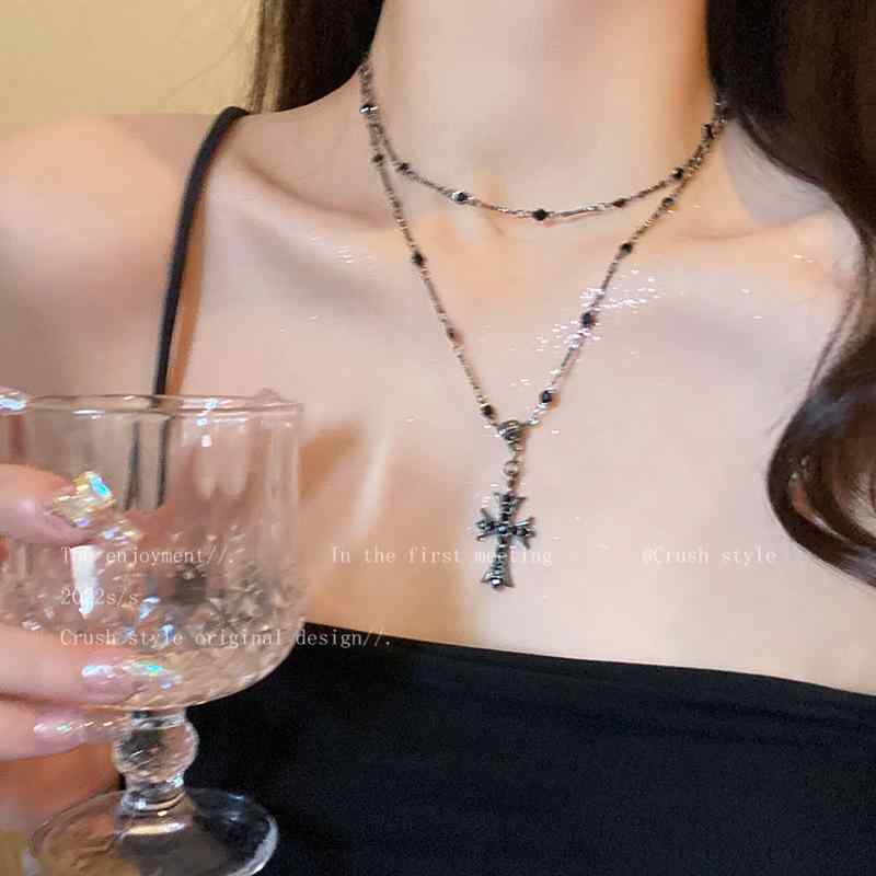 Garnet - ネックレス 女性用 ファッション ロング ダブルレイヤー レイヤード クロス デザイン ブラックジルコニア ビーズチェーン ベーシック レイヤード 鎖骨チェーン シルバー アクセサリー スタイリッシュ ジュエリー ロングチェーン シンプル レイヤードネッ