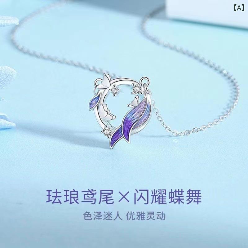 Cubic Zirconia - ネックレス 女性用 蝶 アイリス 花モチーフ チェーン 夏用 鎖骨チェーン かわいい クリア フレッシュ ファッション 国 丸型 花輪 ペンダント アクセサリー 軽量 シンプル シルバー調