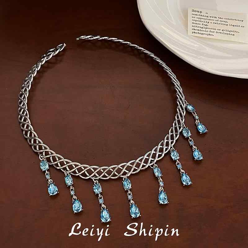 Rhodolite - ネックレス ブルー 流蘇 ジルコニア ライト ラグジュアリー ファッション ハイエンド 感 ベーシック コットン チェーン アクセサリー シルバー チェーン 軽量 細身 鎖骨 ライン 普段使い コーディネート アクセント シンプル デザイン 女性用 ジュ