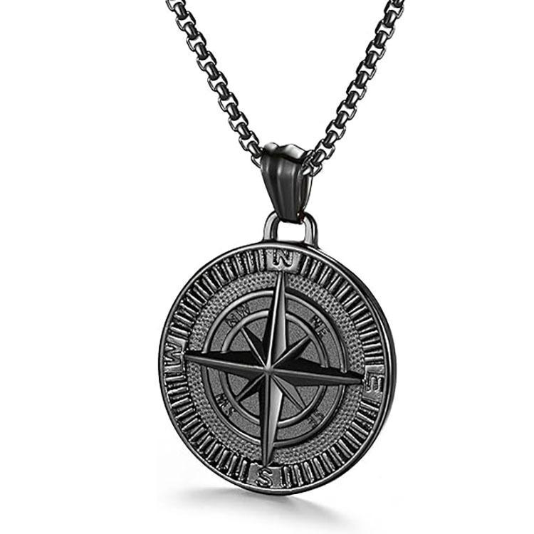 メンズ ネックレス ステンレス コンパス ペンダント 硬貨 デザイン ヒップホップ スタイル シルバー アクセサリー ロック調 耐久性 不変色 普段使い 男性用 ラップ ファッション ロングチェーン ハードウェア 素材 クール 印象
