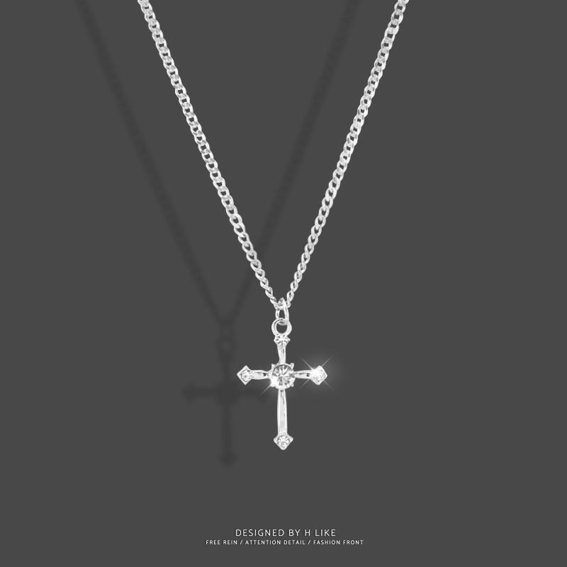 Chromium - ゴシック シンプル レトロ ジルコニア 十字架 ネックレス ペンダント アクセサリー ヒップホップ ストリート クール カップル セーター チェーン 韓国 ショート シルバー ゴールド チェーン デザイン スタイリッシュ 普段使い ペア コーデ アクセ