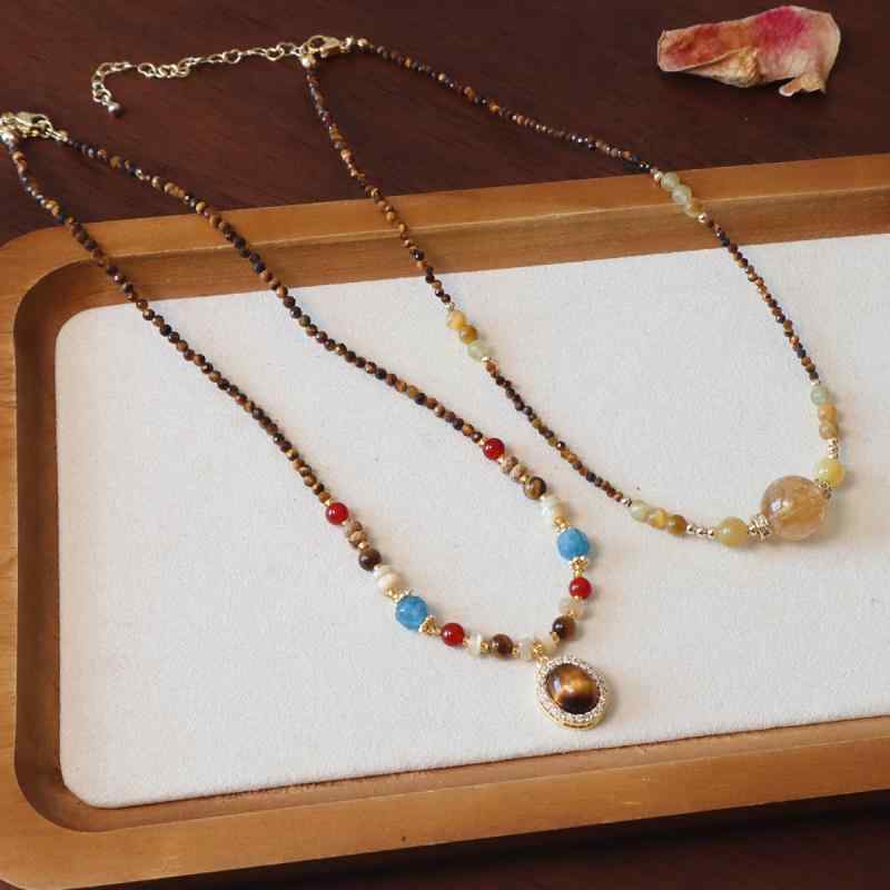 Pearl - ネックレス 天然石 ビーズ 切り替え ゴールドメッキ加工 ヒーリングストーン アクセサリー 女性用 普段使い ラッキーアイテム 黄色 ブラウン系 秋冬 軽量 高級感 シンプルデザイン