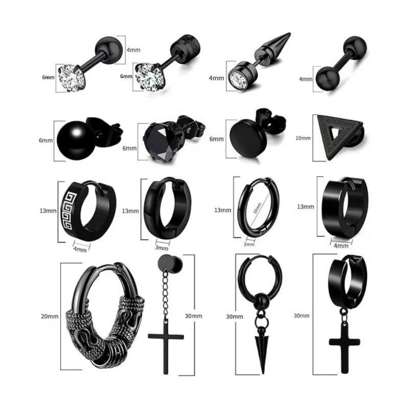 Men's Earring Set, Black, Stainless Steel, High-Quality Electroplated Finish, Fashionable Earrings, Jewelry, Cross Pendant, Earrings, Accessories, Stylish, Everyday Wear, Men's, Simple Design