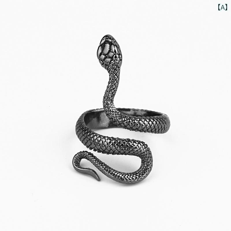 リバーパディの指輪 黒蛇 調節可能 個性派 ジュエリー メンズ レディース ユニセックス アクセサリー シンプル スタイリッシュ 普段使い シルバー調 軽量 細身 リング 蛇モチーフ ファッション アイテム｜アングル2