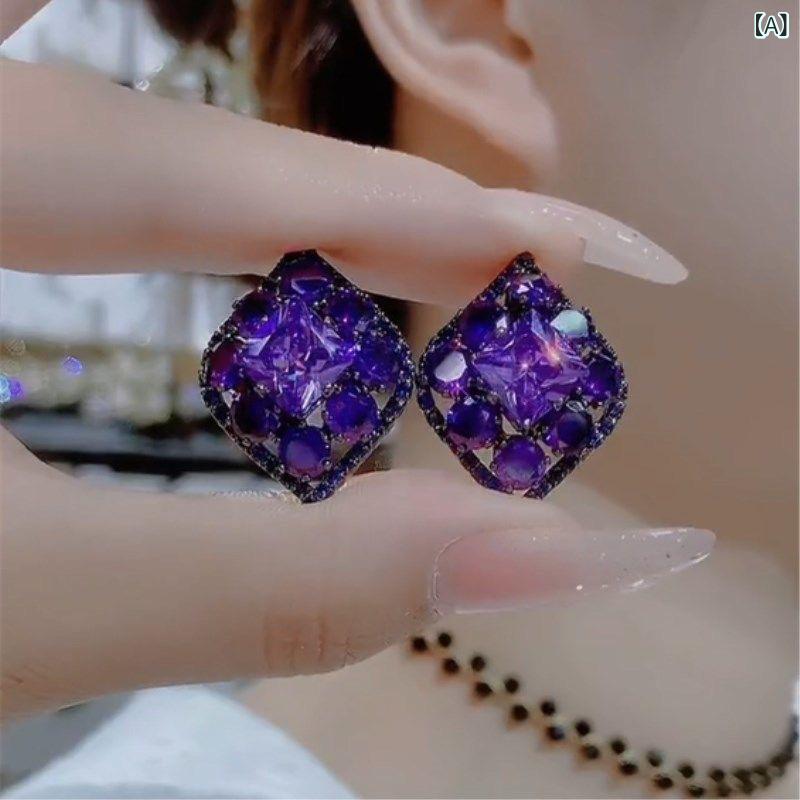 リバーパディのピアス イヤリング 女性用 紫 ジルコニア 個性 軽量 耳飾り ファッション アクセサリー かわいい 華やか 普段使い｜アングル2