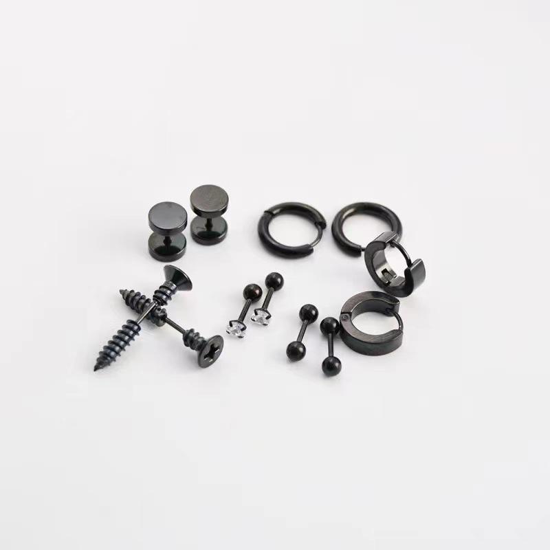 Men's Earring Set, Black, Stainless Steel, High-Quality Electroplated, Fashionable Earrings, Jewelry, Cross Pendant, Earring Set, Everyday Wear, Lightweight, Simple, Silver Tone