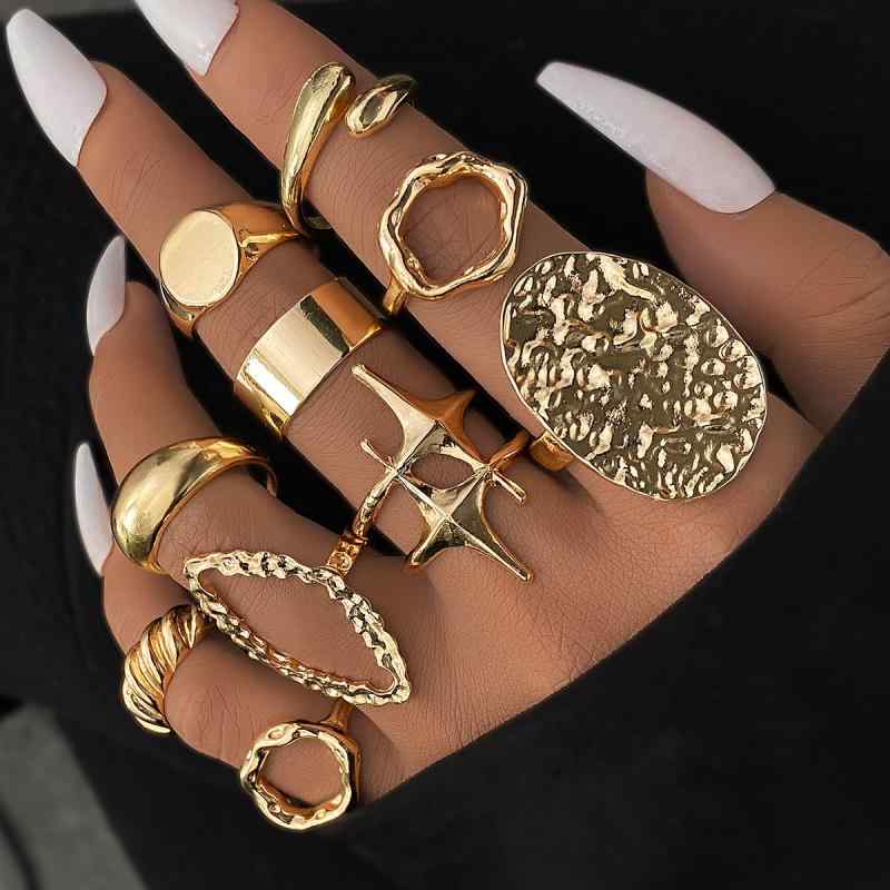 Rings - 指輪 女性用 幾何学 金属 熔岩柄 ライン 個性 大ぶり 開口 セット 10個 ゴールド シルバー 普段使い カジュアル スタイリッシュ 軽量 シンプル デザイン