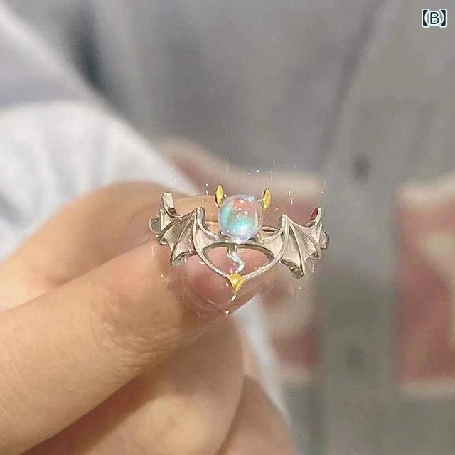 指輪 月光石 天使 悪魔 デザイン 開口部 調節可能 食指用 かわいい 女性用 ファッ...