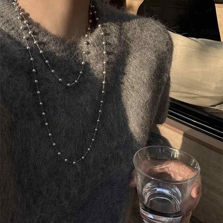 Cubic Zirconia - ネックレス 秋冬 ロング 気品 満天星 パール 女性用 軽奢 高級感 毛衣チェーン トレンド アクセサリー ファッション アクセント 華やか レイヤード スタイル シルバー チェーン コスチュームジュエリー