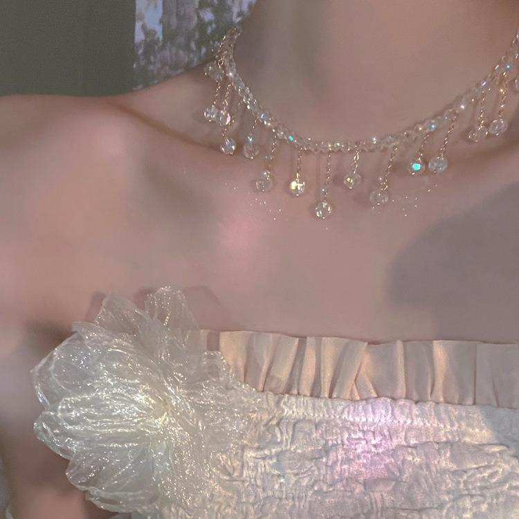 Rhodolite - ネックレス 女性用 軽量 高級感 超輝き 水晶 流蘇 透明 鎖骨チェーン 気質 フラッシュ 仙女 アクセサリー かわいい 普段使い キラキラ ジュエリー シルバー フェミニン ロマンティック スタイリッシュ