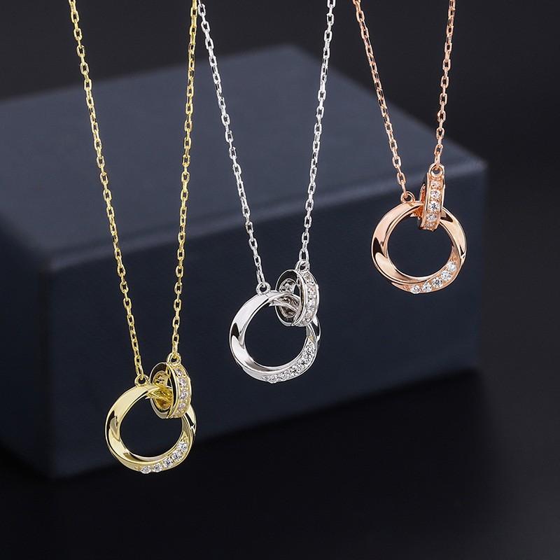Red Coral - ネックレス 女性用 韓国 純銀 ダブルリング リンク モビウスリング ジルコニア 装飾 アクセサリー シンプル デザイン 日常使い 華奢 チェーン シルバー アクセント
