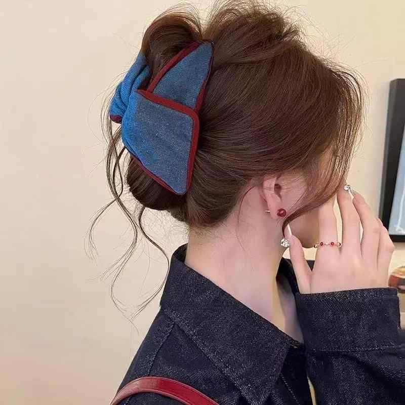 ヘアアクセサリー 春夏 女性用 韓国 復古 気品 コットン デニム 切り替え ヘアクリ...