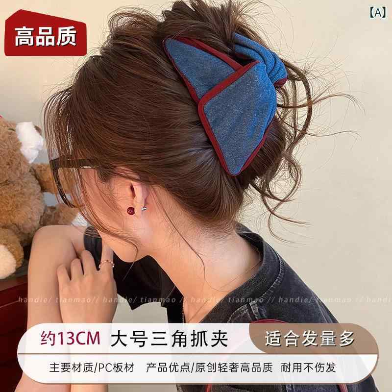 ヘアアクセサリー 春夏 女性用 韓国 復古 気品 コットン デニム 切り替え ヘアクリ...