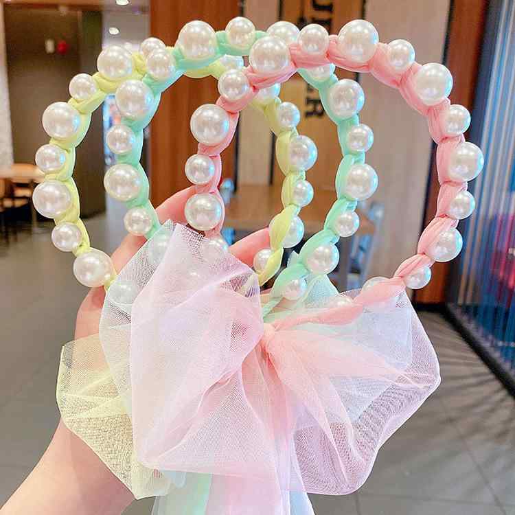 子供用 ヘアアクセサリー かわいい 女の子 真珠 デザイン 森ガール スタイル 綿素材 ヘアゴム ヘアバンド リボン 飾り 春夏 普段使い 軽量 柔らか素材 ピンク系 アイボリー