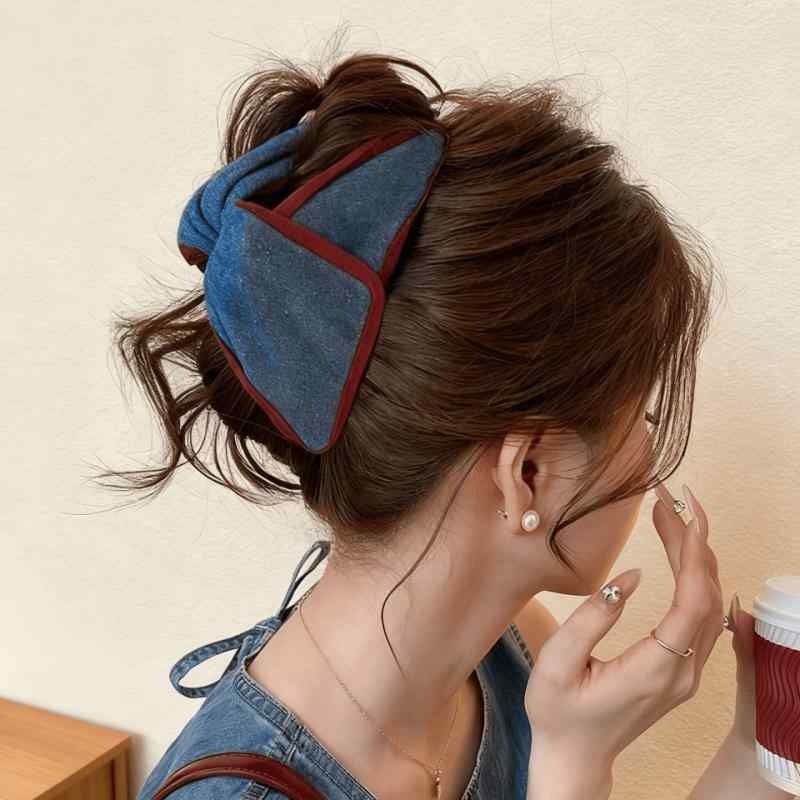 ヘアクリップ 女性用 韓国 復古 コントラスト デニム トライアングル グリップ 高...