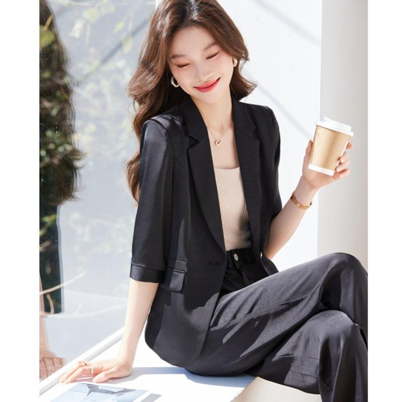 Rakuten - 女性用 ジャケット 中袖 セットアップ 夏 薄手 接触冷感 再生繊維 スーツ トップス スカート 高級感 ビジネス 事務服 通勤 軽量 吸湿速乾 伸縮性 シンプル シルエット
