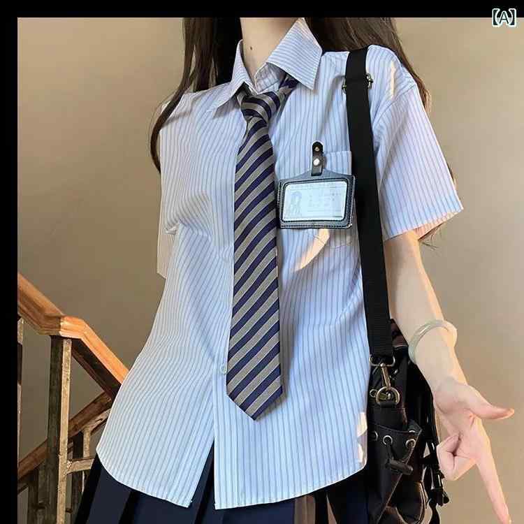 女子 JK制服 女学院 ゆったり 百搭 別注 ストライプ シャツ トップス 短袖 ブラウス 女性用 夏 吸湿速乾 軽量 …