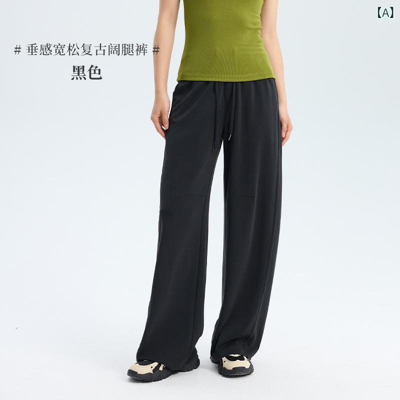 レディース ワイドパンツ 春夏 接触冷感 吸湿速乾 軽量 薄手 色 シンプル ロング丈 垂れ感 ゆったり シルエット ビッグ シルエット レトロ スタイル 通勤 普段使い カジュアル 綿混 素材 ストレッチ 素材 ブラック ネイビー グレー ベージュ riverpaddy-11482283 リバーパディ サンプル画像2
