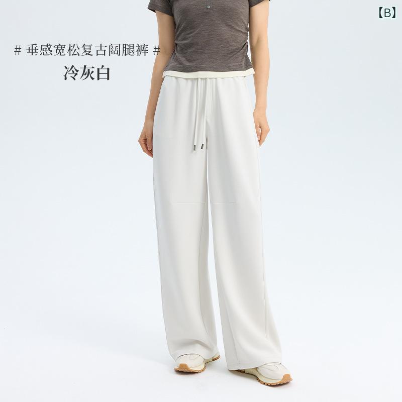 レディース ワイドパンツ 春夏 接触冷感 吸湿速乾 軽量 薄手 色 シンプル ロング丈 垂れ感 ゆったり シルエット ビッグ シルエット レトロ スタイル 通勤 普段使い カジュアル 綿混 素材 ストレッチ 素材 ブラック ネイビー グレー ベージュ riverpaddy-11482283 リバーパディ サンプル画像3