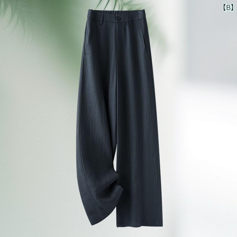 パンツ 女性用 春夏 薄手 コットンリネン ナローフィット ワイドレッグ ゆったり スリムライン ドレープ感 カジュアル ストレート ロングパンツ 通勤 普段使い 軽量 伸縮性 吸湿速乾 ハイウエスト ビッグシルエット ブラック グレー ベージュ riverpaddy-11482359 リバーパディ サンプル画像2