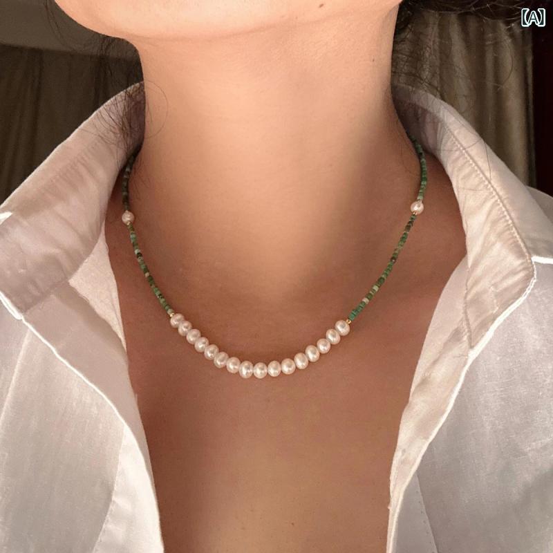 Pearl White - ネックレス 女性用 天然淡水パール グリーンストーン 新中式 軽量 高級感 鎖骨チェーン 百搭 シンプル 日常使い 軽やか アクセサリー ジュエリー シルバー調 細身 長さ調節可能 イヤリング ブレスレット 対応