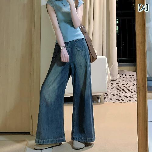 Capri Pants - ジーンズ 女性用 春 復古 ハイウエスト ワイドレッグ スリム ルーズ ストレート ロング デニム 伸縮性 通勤 普段使い 軽量 細身 背高効果