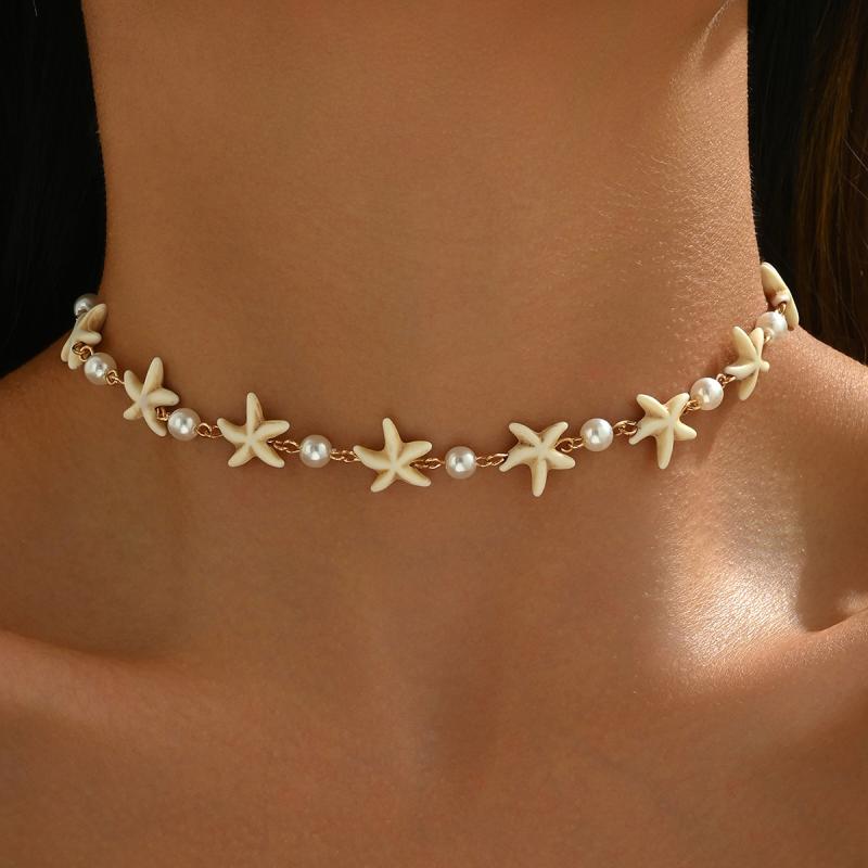 Cubic Zirconia - ネックレス ボヘミアン ビーチ 春夏 海星 フェイクパール ベンドピン 女性用 鎖骨チェーン 軽量 アクセサリー 休暇 旅行 ファッション シルバー ゴールド ロングチェーン レイヤード
