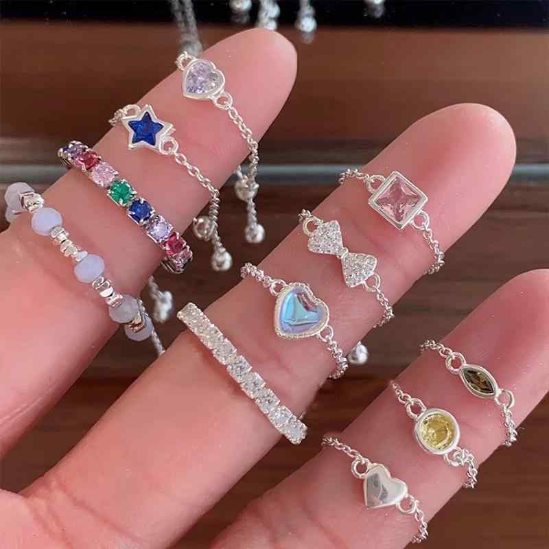 指輪 女性用 カラフル ジルコニア スライド 調節可能 重ね付け 個性派 シンプル モダン デザイン かわいい スタイリッシュ アクセサリー