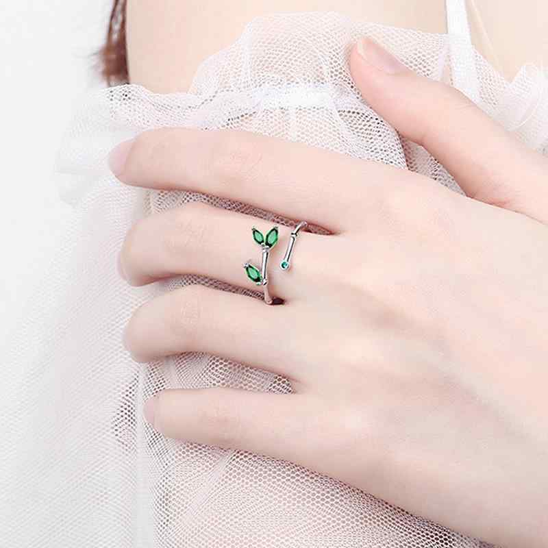 指輪 女性用 ファッション シンプル 緑 竹節 デザイン 緑葉 モチーフ 開口 竹 指輪...