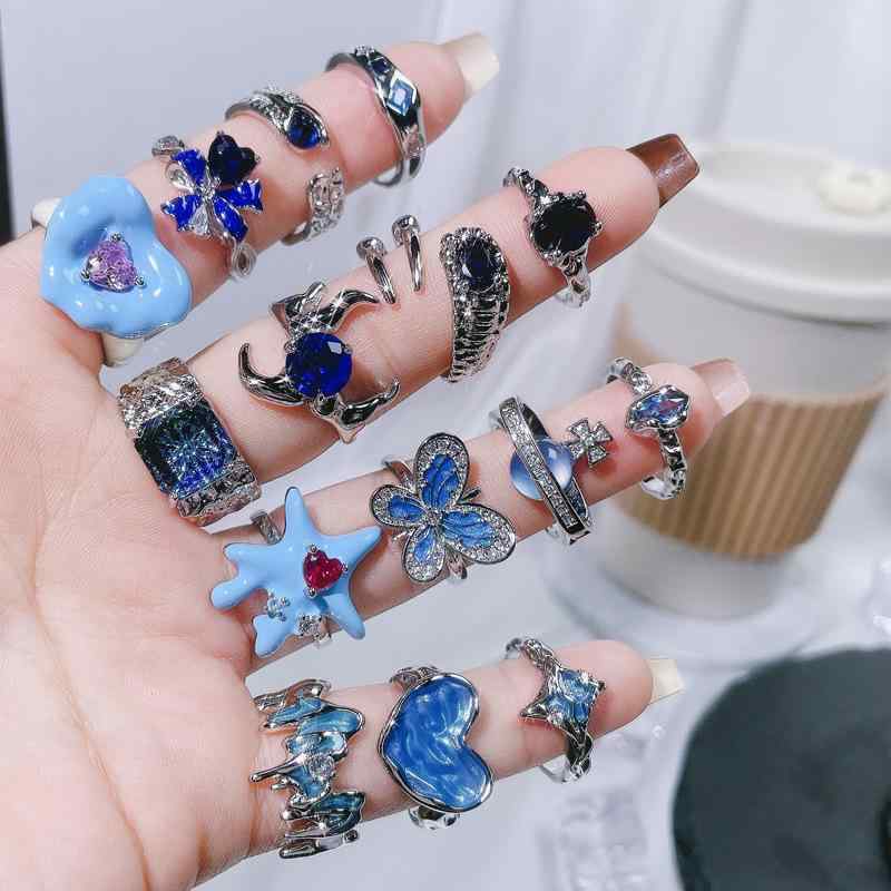 レディース 指輪 開口 ブルー系 シンプル 気品 ファッション 百搭 Y2K 秋冬 アクセサリー かわいい ラッキーアイテム 軽量 ジルコニア 装飾