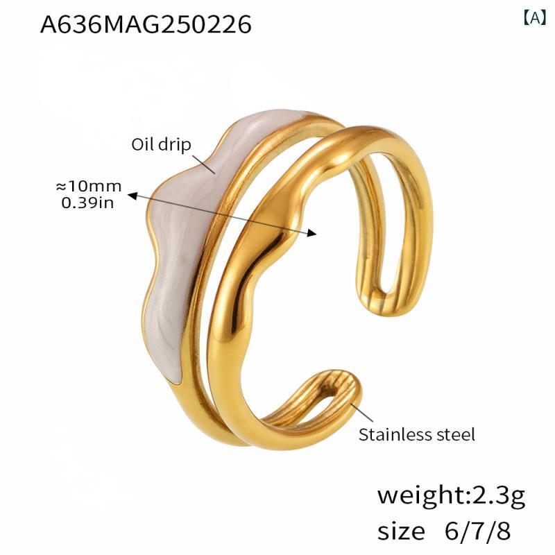 Rakuten - 指輪 女性用 ステンレス ジオメトリック ダブルレイヤー オープンリング 18Kゴールドプレート カラフルエナメル 耐久性 軽量 日常使い ジュエリー アクセサリー ピンク系 ブラック シルバー スタイリッシュ モダン 幾何学模様 レイヤードデザイン 開