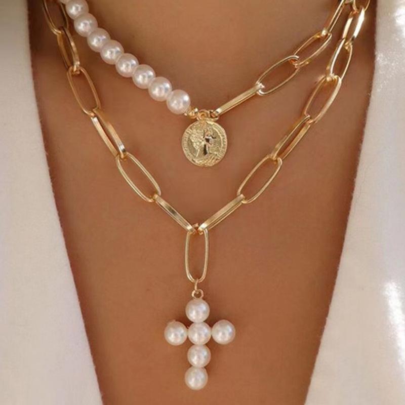 Cubic Zirconia - ネックレス クロス デザイン 真珠 インスパイア クロス 真珠 ネックレス ビンテージ チャンキー チェーン レイヤード アクセサリー シルバー 加工 ゴールド トーン ロング チェーン スタイリッシュ コーデ 普段使い アクセント ジュエリー