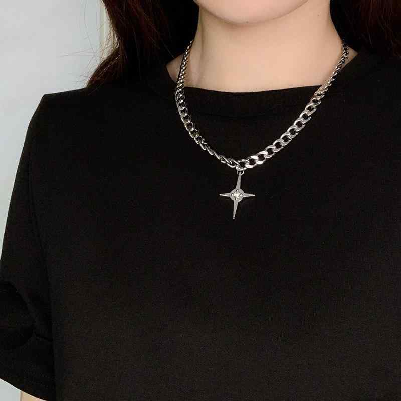 項鏈, 墜子 - ネックレス 女性用 クロス 星 ペンダント 金属 太め チェーン 高級感 鎖骨チェーン かわいい ファッション アクセサリー スタイリッシュ 日常使い 軽量 シンプル シルバー調