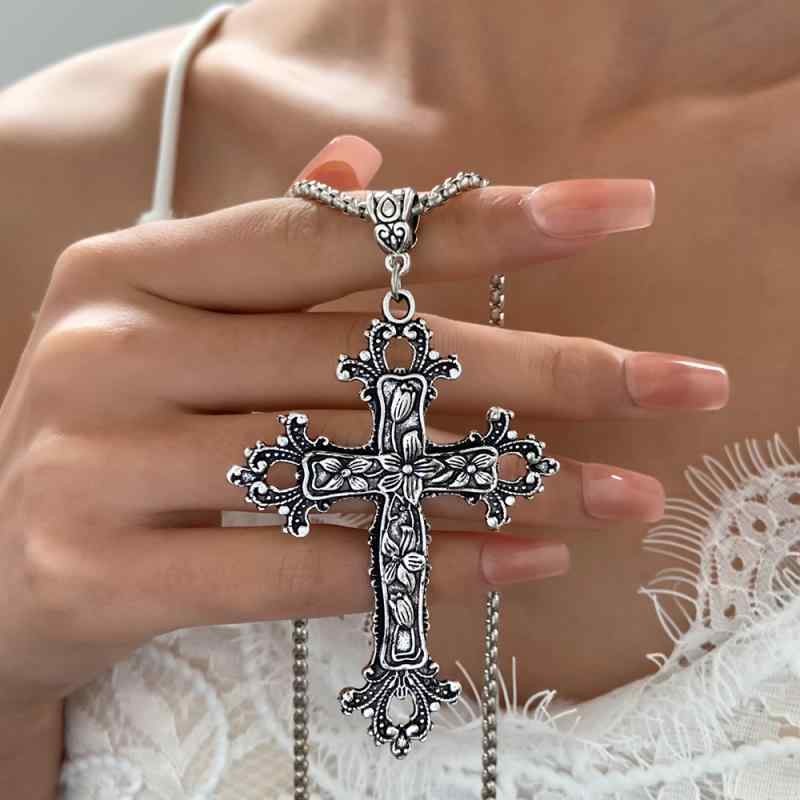Rhinestone - ネックレス ゴシック 古着 ヒップホップ ペンダント クロス 花 蔓 シルバー調 アロイ チェーン セーター チェーン 潮 カジュアル アクセサリー 女性用 メンズ ユニセックス レイヤード スタイル ビンテージ デザイン 長め チェーン シルバー ア