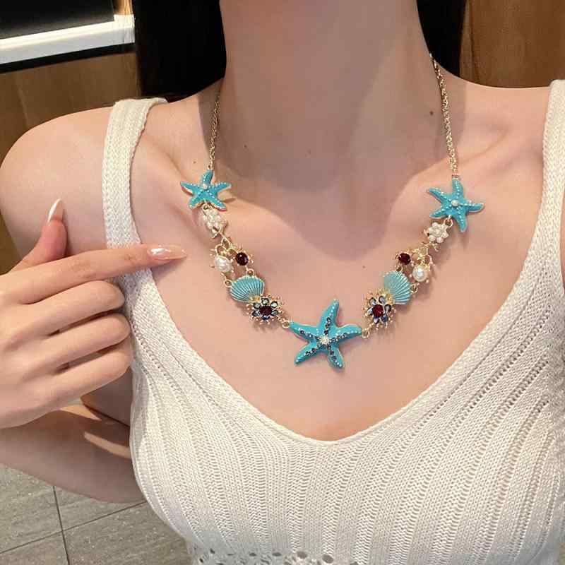 Necklaces, Pendants - ネックレス ハワイアン 夏 ビーチ リゾート 女性用 かわいい カラフル 海星 貝殻 真珠 チェーン 合金 休暇 トレンド アクセサリー 軽量 普段使い レイヤード ピンク系 ブルー系 ゴールド シルバー 伸縮性