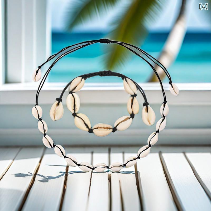 貝殻 アクセサリー セット 海洋 夏威夷 ビーチ スタイル 編み込み ブレスレット ネ...