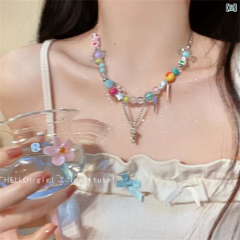 ネックレス 女性用 かわいい インスピレーション 甘め マルチカラー ビーズチェー...