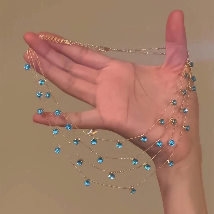 Necklaces, Pendants - ネックレス 女性用 ブルー 多層 満天星 モチーフ 軽量 高級感 小众 デザイン 輝き 気質 清涼感 アクセサリー シルバー チェーン レイヤード スタイル 普段使い 細工 繊細 ジュエリー
