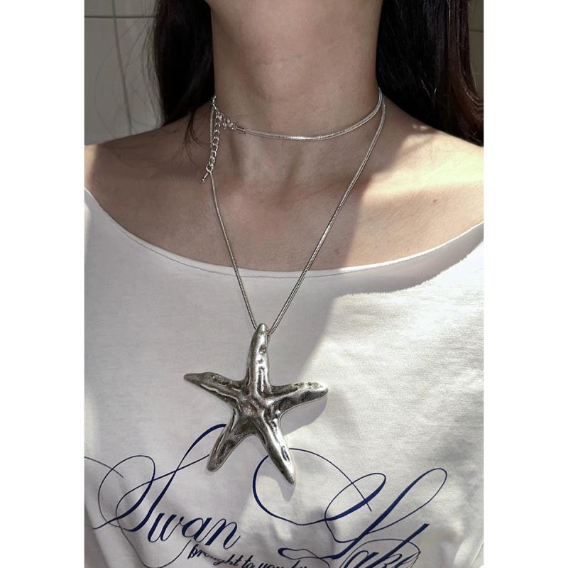Necklaces, Pendants - ネックレス 銀色 星形 ロングチェーン スパイシー スタイル 磨砂加工 ビンテージ 個性派 コーディネート クラシック 鎖骨ライン アクセサリー メタル素材 レイヤード 可能 シルバー トーン ユニセックス