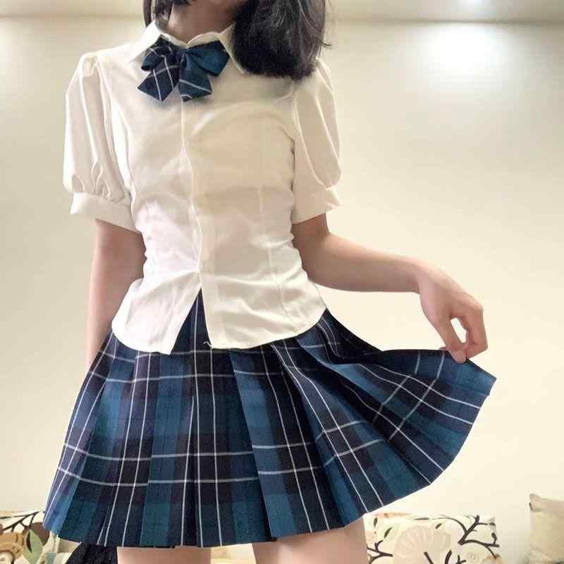 乐天商城 - レディース 春夏 JK 制服 シャツ トップス かわいい 甘辛 短袖 泡泡袖 純欲 デザイン ユニセックス 軽量 綿混 吸湿速乾 フレア 袖 ピュアスタイル カジュアル セット