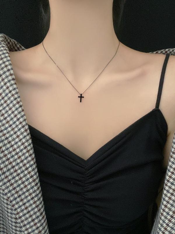 Rhinestone - ネックレス 女性用 調節可能 ダーク ファッション シンプル クロス ペンダント S925 純銀 鎖骨チェーン クラシカル アクセサリー シルバー チェーン 細身 レイヤード 日常使い 軽量 洗練デザイン