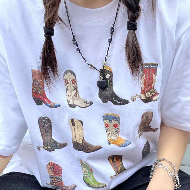 Tシャツ レディース 夏 春夏 牛仔 ワイド ビンテージ ボヘミアン テキサス スタイル かわいい プリント トップス 伸縮性 吸湿速乾 軽量 通勤 普段使い 部屋着 カジュアル
