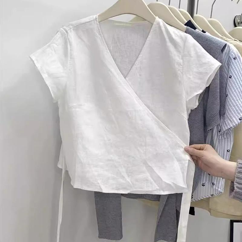 Other - シャツ レディース 春夏 法式 気質 優雅 クロス デザイン 麻 素材 透気性 収腰 純色 トップス 軽量 伸縮性 吸湿速乾 ハイウエスト ビッグシルエット Vネック ブラック ピンク系 アイボリー 通勤用 普段使い カジュアル
