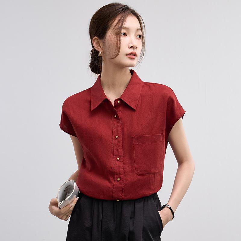 Rakuten - シャツ 女性用 夏 赤 短袖 接触冷感 麻 素材 ゆったり シルエット ポケット 付き スタンドカラー ボタン 装飾 軽量 吸湿速乾 通勤 普段使い トップス ブラウス シャツ 赤系 カラー 春夏 シーズン 爽やか スタイル