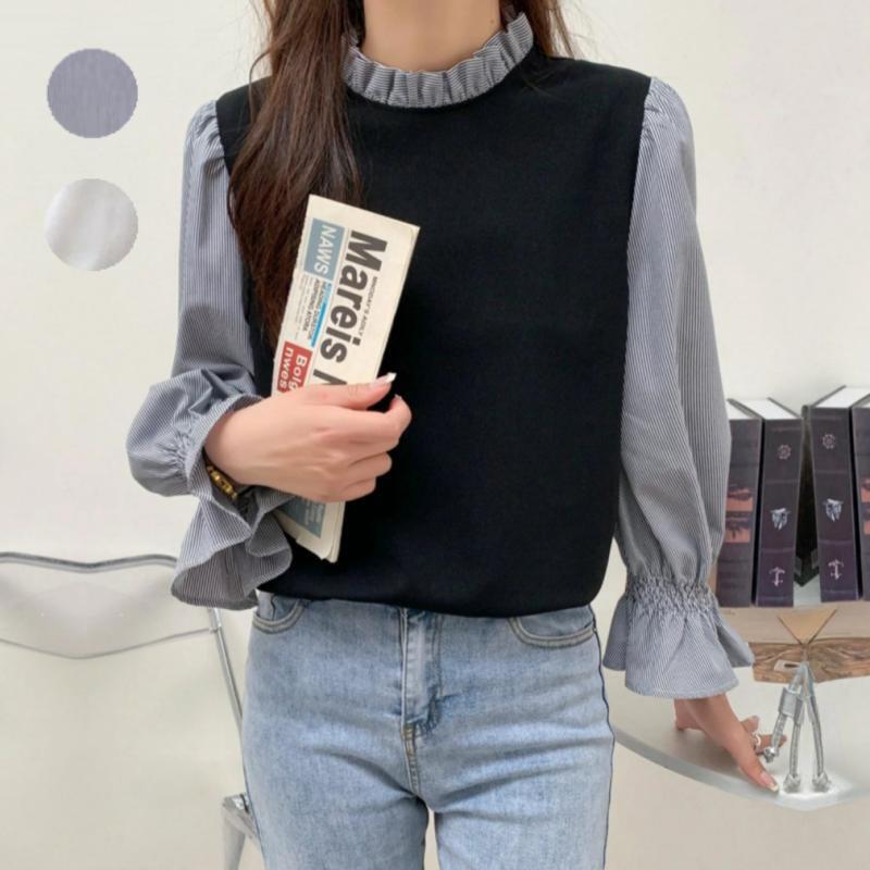 春夏 レディース トップス シャツ 切り替え 配色 ゴム ラッパ袖 フェイクツー ピース カジュアル 普段使い 伸縮性 コットン混 ブラック ホワイト