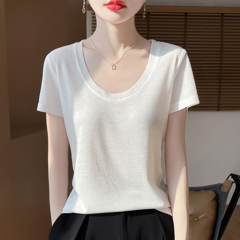 Other - ニットトップス 女性用 春夏 短袖 Uネック Tシャツ 純色 薄手 ゆったり インナー 吸湿速乾 綿混 軽量 ブラック ホワイト グレー ピンク ベージュ 通勤 普段使い