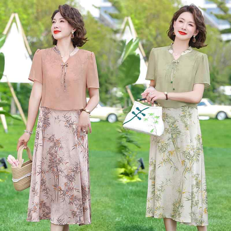 樂天商城 - ワンピース 中年女性用 夏 国 連衣裙 洋気 中年女性服 偽二重 ロングスカート 軽量 綿素材 通勤用 普段使い ビッグシルエット フレア 膝下丈 ブラック ピンク系 アイボリー 爽やか 涼しい 接触冷感 吸湿速乾 高級感 春夏