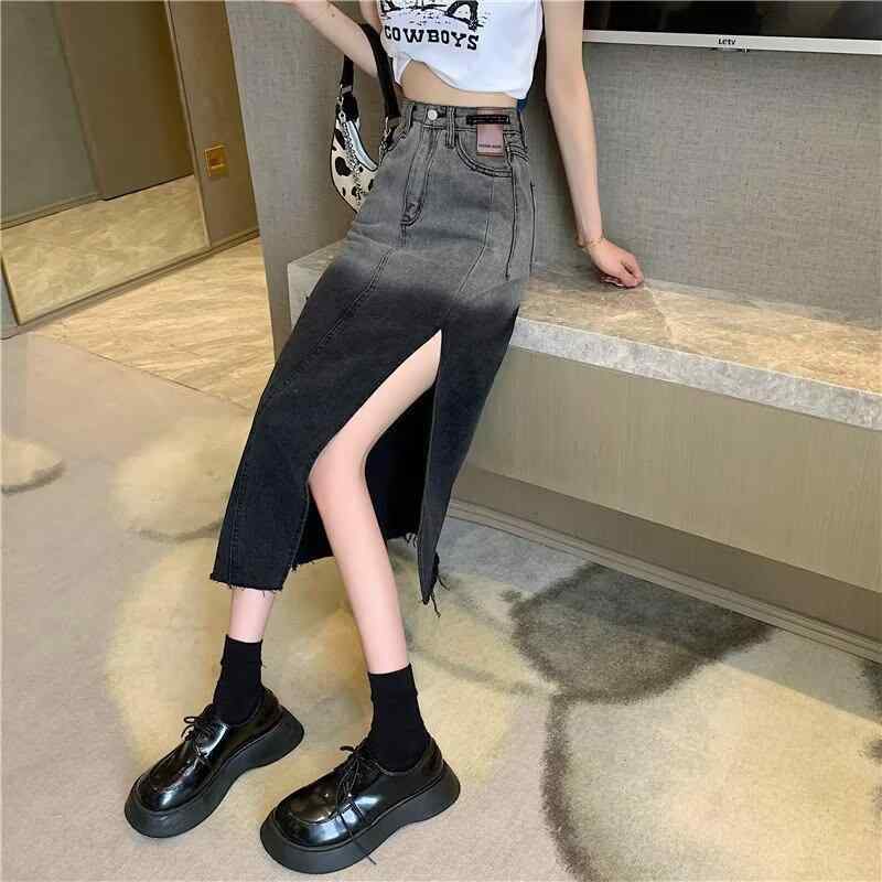 デニムスカート レディース 女性用 高腰 ハイウエスト ビッグサイズ 大きいサイズ 切り替え デザイン ミドル丈 中長丈 Aライン 半身スカート カジュアル 普段使い 伸縮性 綿素材 デニム ブルー系 春夏 秋