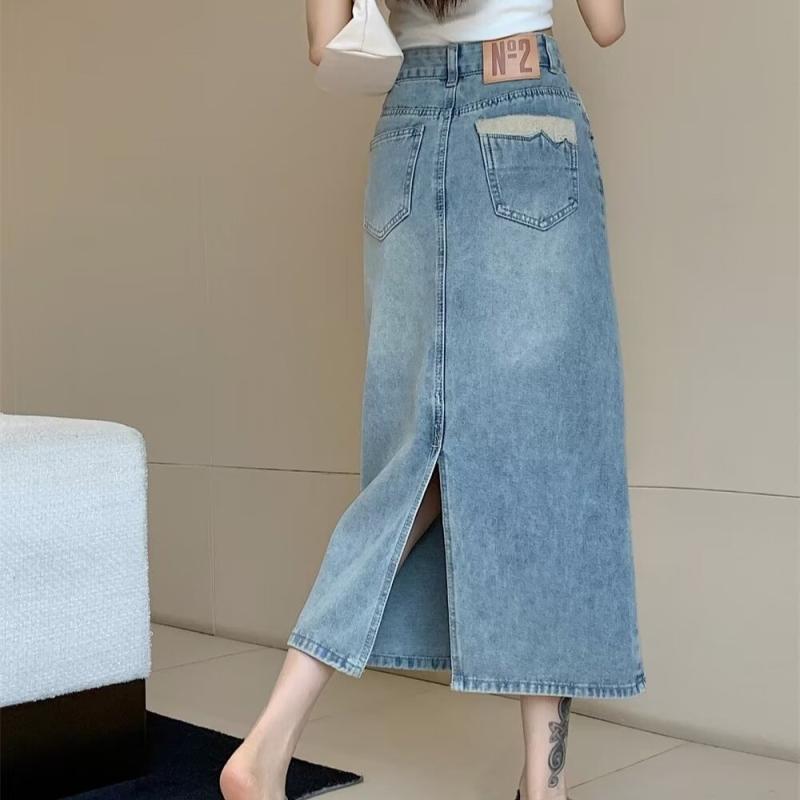 デニムスカート 女性用 夏 春夏 大きいサイズ ハイウエスト スリム効果 中長丈 スリット 包みヒップ ハーフスカート 綿混 伸縮性 通勤 普段使い カジュアル デニム素材 ブルー系