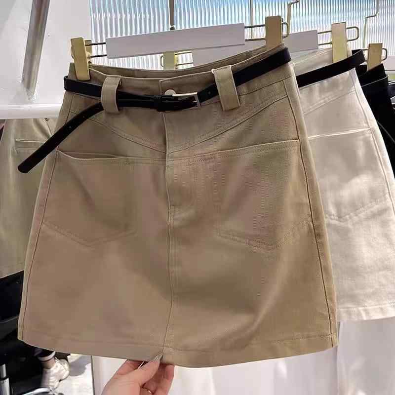 樂天商城 - スカート 女性用 2025 夏季 コットン デニム ミリタリー ワークウェア ハーフレングス 防走光 ハイウエスト 包臀 Aライン 短め 大きいサイズ 吸湿速乾 伸縮性 ライトカラー 春夏 普段使い 通勤 軽量